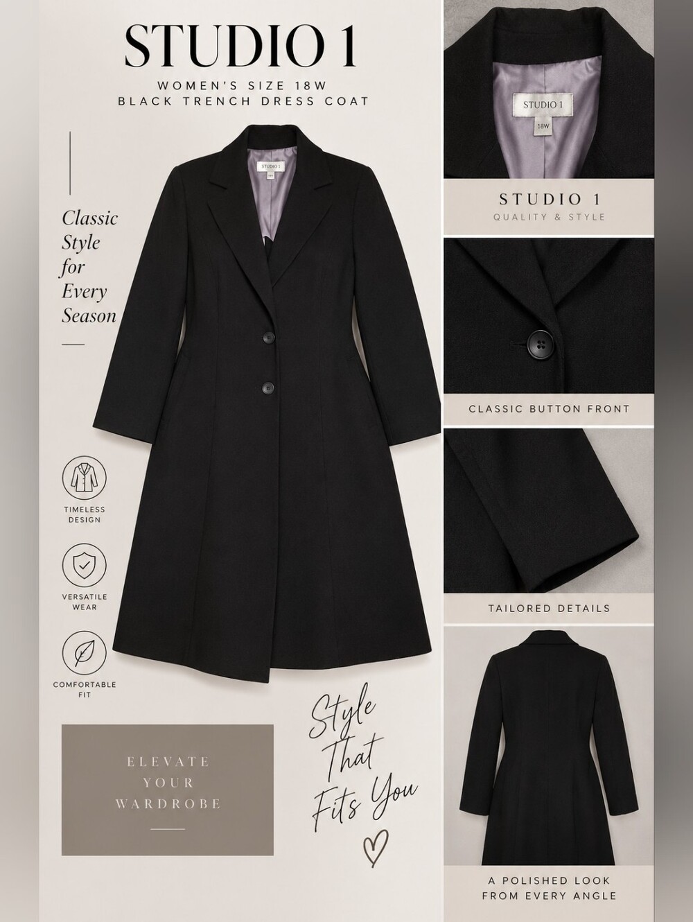 Studio 1 women's size 18W black trench dress coat #29